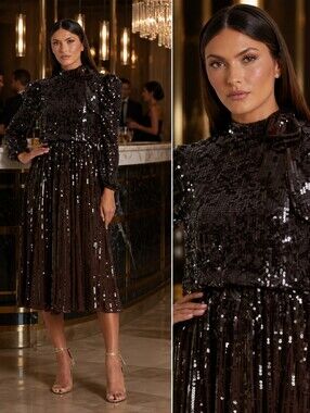 NWT Mac Duggal Chocolate Brown Long Sleeve Sequin Tea Length Dress Size 16